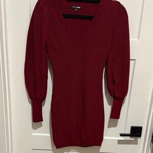 Fashion Nova Wine Red V-Neck Ribbed Sweater Dress